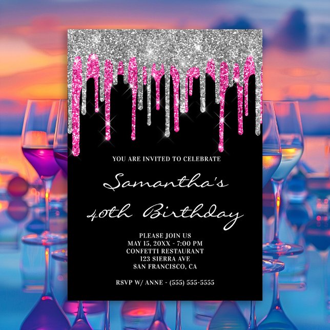 Silver and Deep Pink Glitter Drips Black Birthday Invitation (Silver and Deep Pink Glitter Drips Black Birthday Invitation)