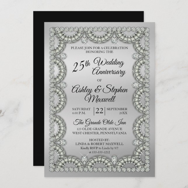Silver and Diamond 25th Wedding Anniversary Party Invitation (Front/Back)