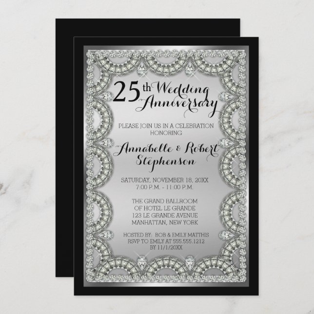 Silver and Diamond 25th Wedding Anniversary Party  Invitation (Front/Back)
