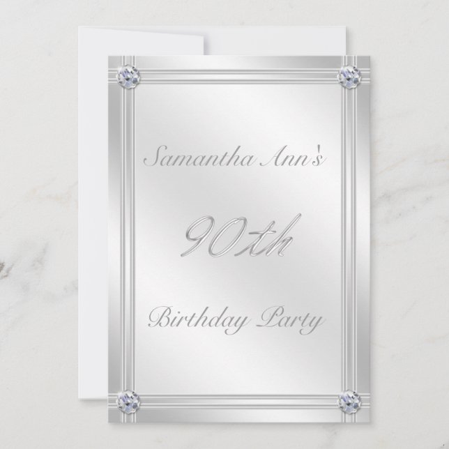 Silver and Diamond Effect 90th Birthday Party Invitation (Front)
