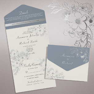 Silver and Dusty Blue Floral Wedding All In One Invitation