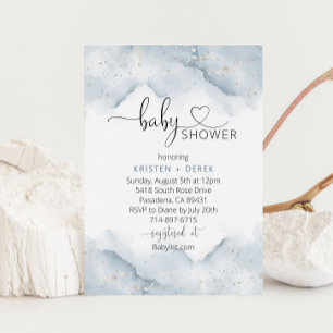 Silver and Dusty Blue Watercolor Baby Shower  Invitation