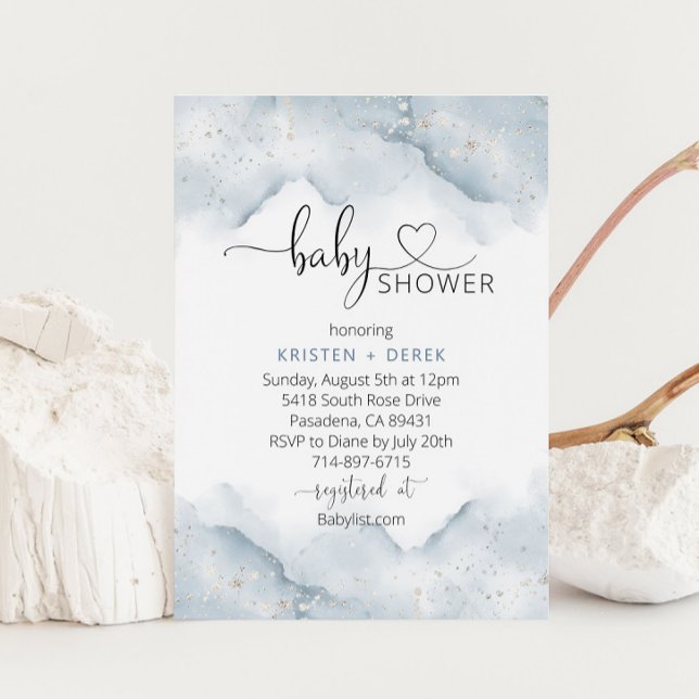 Silver and Dusty Blue Watercolor Baby Shower  Invitation (Creator Uploaded)