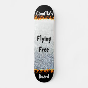 Silver and Flames Unique Personalised Name Skateboard