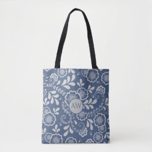 Silver and French Blue Victorian Lace Monogram Tote Bag
