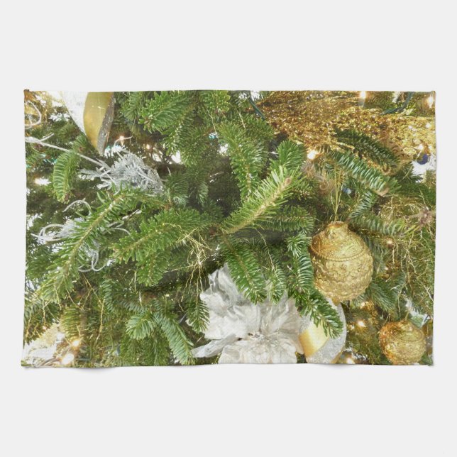 Silver and Gold Christmas Tree I Holiday Tea Towel (Horizontal)