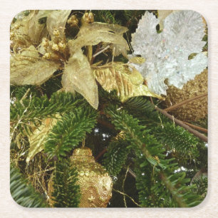 Silver and Gold Christmas Tree II Holiday Square Paper Coaster