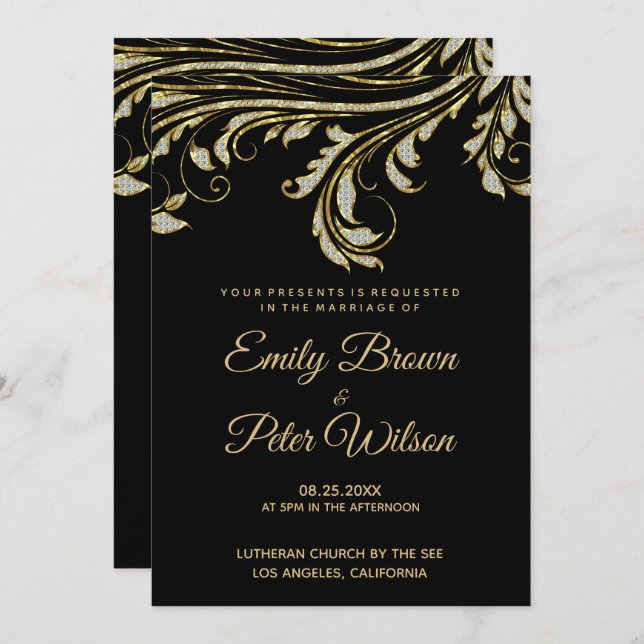 Silver And Gold Diamonds Swirl Wedding Invitation (Front/Back)