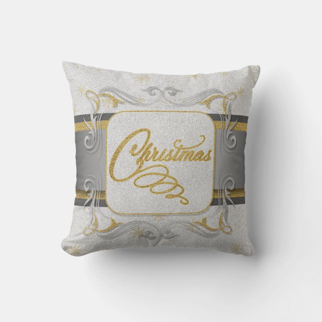 Silver and Gold Faux Glitter Christmas Cushion (Front)