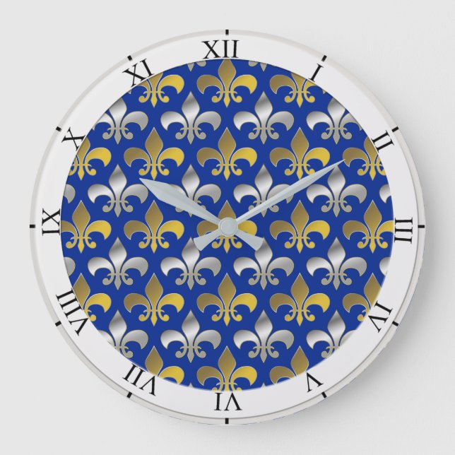 Silver and Gold Fleurs-de-lis on Blue Background Large Clock (Front)