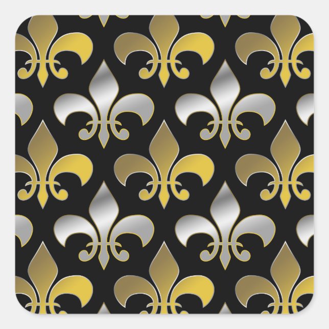 Silver and Gold Fluers-de-lis on Black Square Sticker (Front)