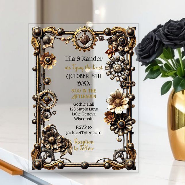 Silver and Gold Gothic Metal Steampunk Wedding Acrylic Invitations (Creator Uploaded)