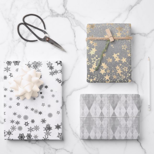Silver and Gold Harlequin Snowflakes Stars  Wrapping Paper Sheet (Front)