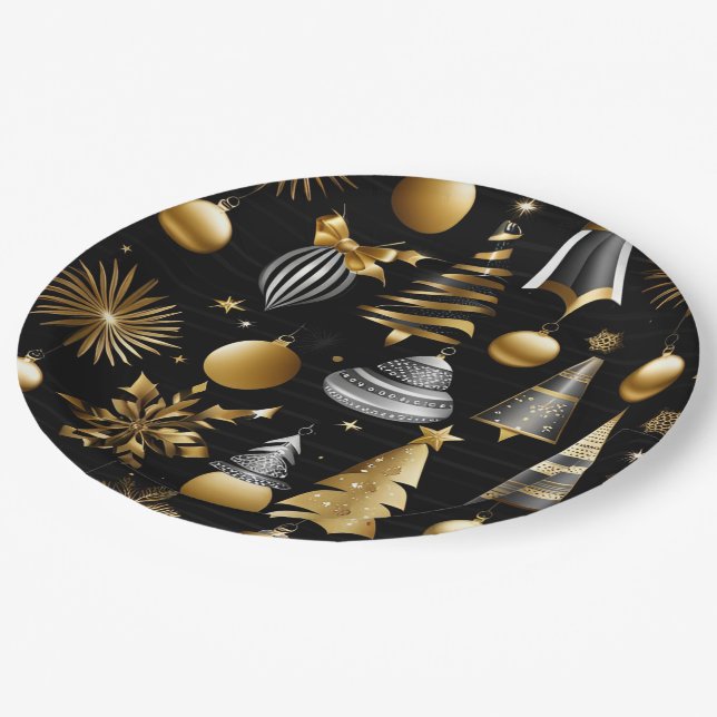 Silver And Gold Holiday Ornaments Pattern Paper Plate (Angled)