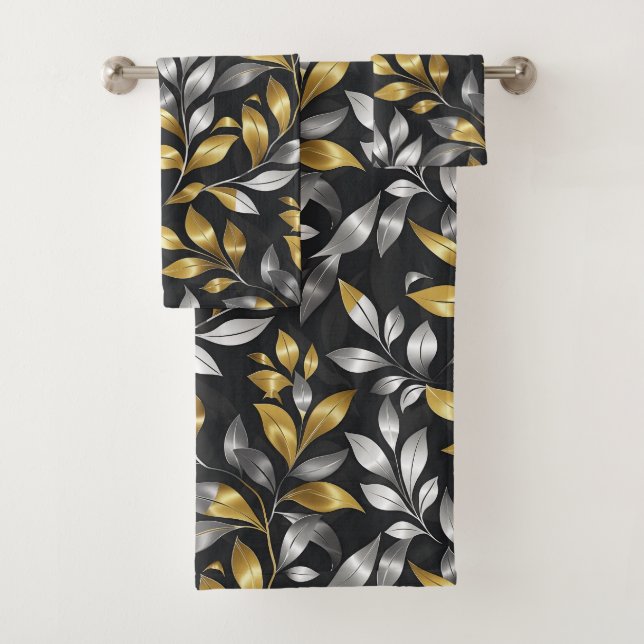 Silver And Gold Leaves  Bath Towel Set (Insitu)