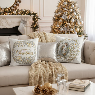 Silver and gold nativity Christmas Cushion