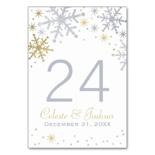 Silver and Gold Snowflakes Wedding Monogram Table Number