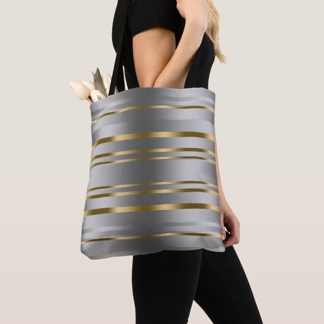 Silver and Gold Stripes Pattern Tote Bag (Close Up)