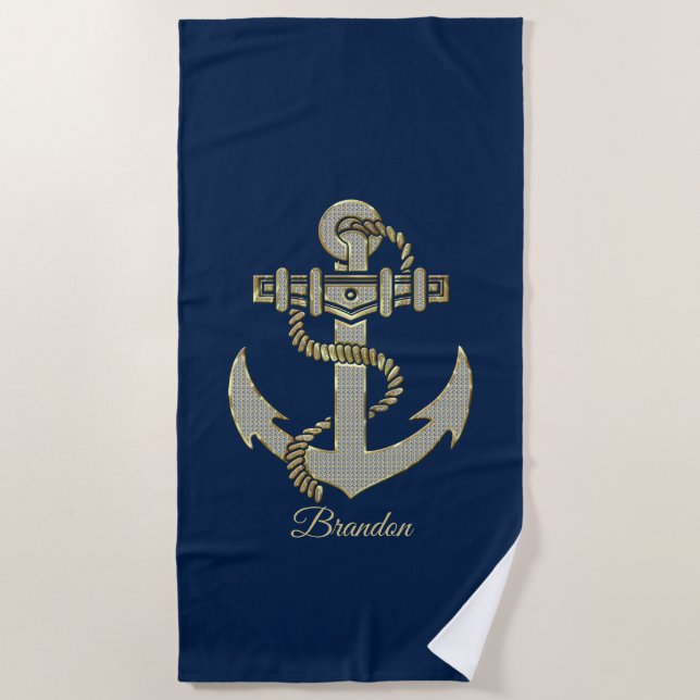 Silver and gold tone nautical boat anchor fleece b beach towel (Front)