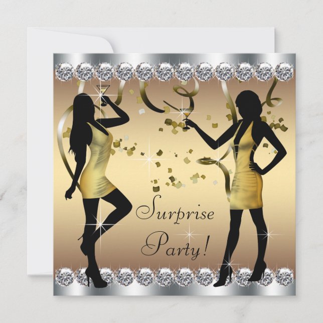 Silver and Gold Womans Surprise Birthday Party Invitation (Front)