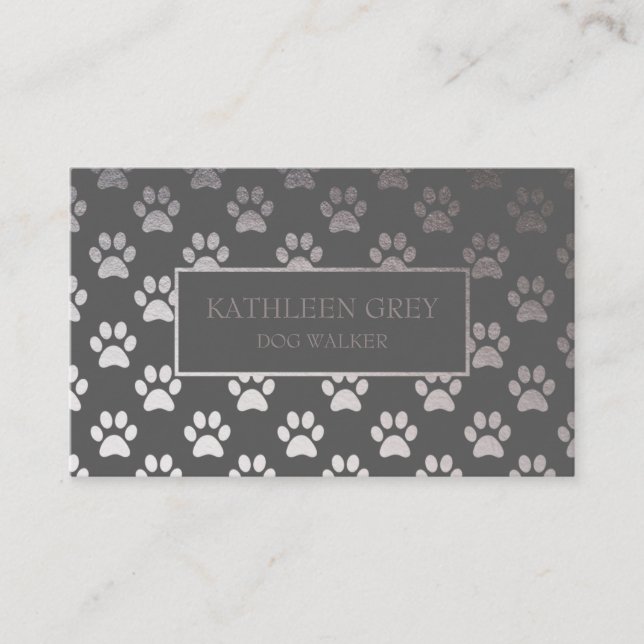 Silver And Gray Paw Print Pattern | Dog Walker Business Card (Front)