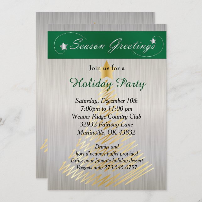 Silver and Green Christmas Holiday Tree Invitation (Front/Back)