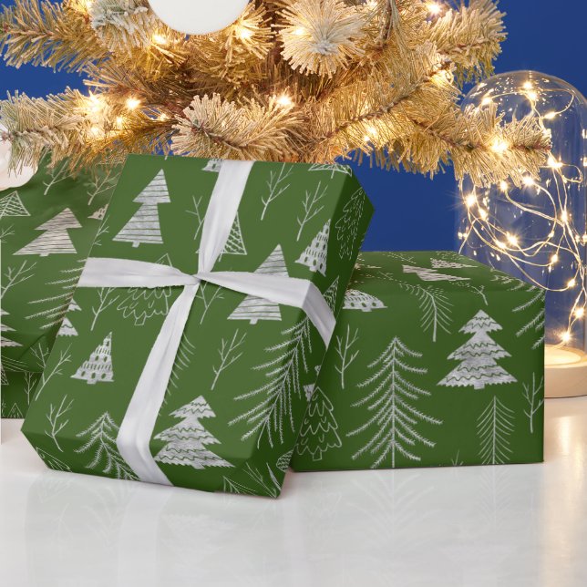 Silver and Green Christmas Tree Forest Pattern Wrapping Paper (Holidays)