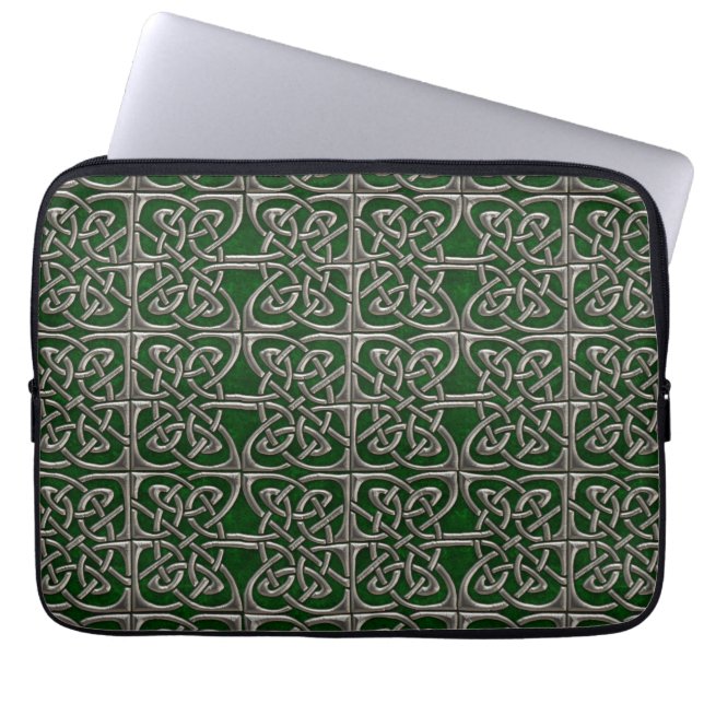 Silver And Green Connected Ovals Celtic Pattern Laptop Sleeve (Front)