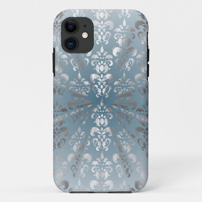 Silver and grey/blue damask Case-Mate iPhone case (Back)