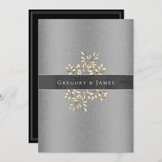 Silver and Grey Botanical Satin Ribbon Gay Wedding Invitation (Front/Back)