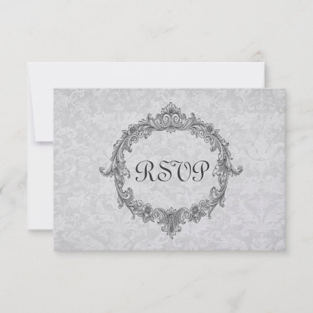 Silver and Grey Damask RSVP Wedding Response Card (Front)