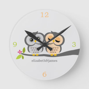 Silver and Grey Owl Couple Round Clock
