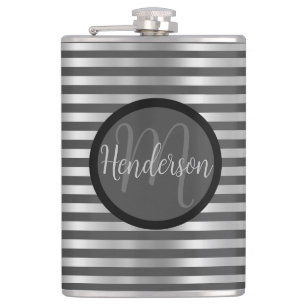 Silver and Grey Striped Monogram Hip Flask
