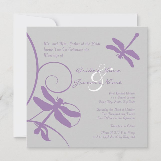 Silver and Lavender Dragonfly Wedding Invitation (Front)