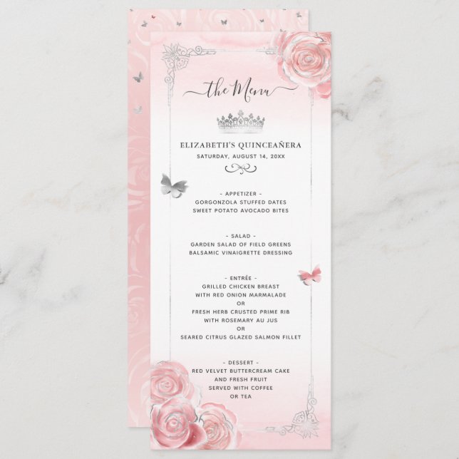 Silver and Light Blush Pink Roses Elegant Floral Menu (Front/Back)