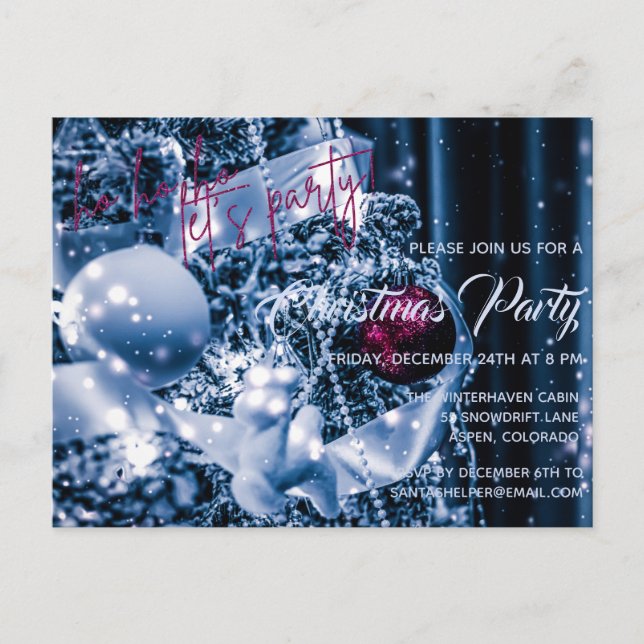 Silver and Magenta Glitter Bauble Christmas Party  Invitation Postcard (Front)
