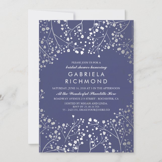 Silver and Navy Baby's Breath Bridal Shower Invitation (Front)