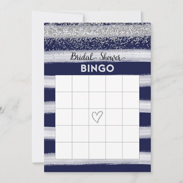 Silver and Navy Blue Bridal Shower Bingo Card (Front)