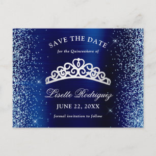 Silver And Navy Blue Quinceanera Save The Date Postcard