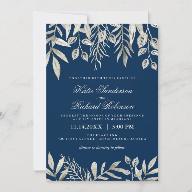 Silver and Navy Blue Wedding Invitations (Front)