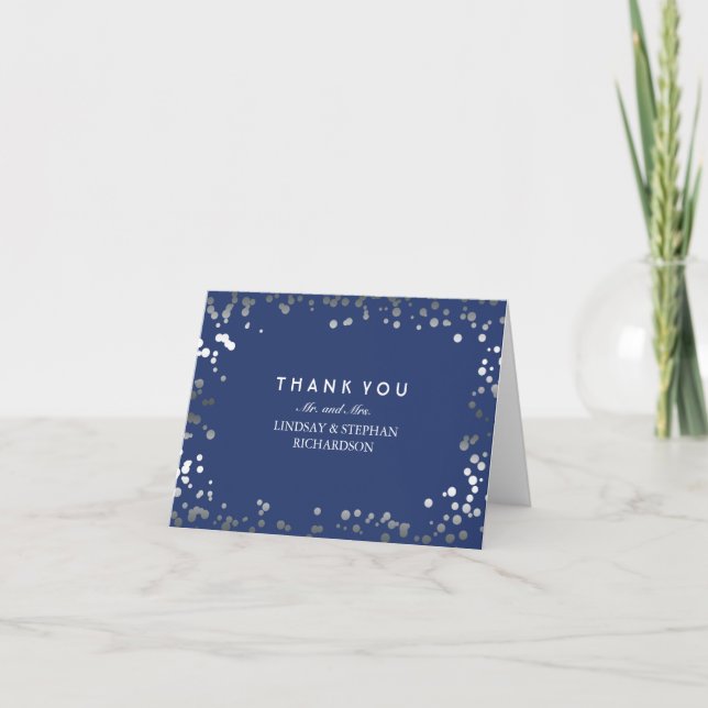 Silver and Navy Confetti Elegant Wedding Thank You (Front)