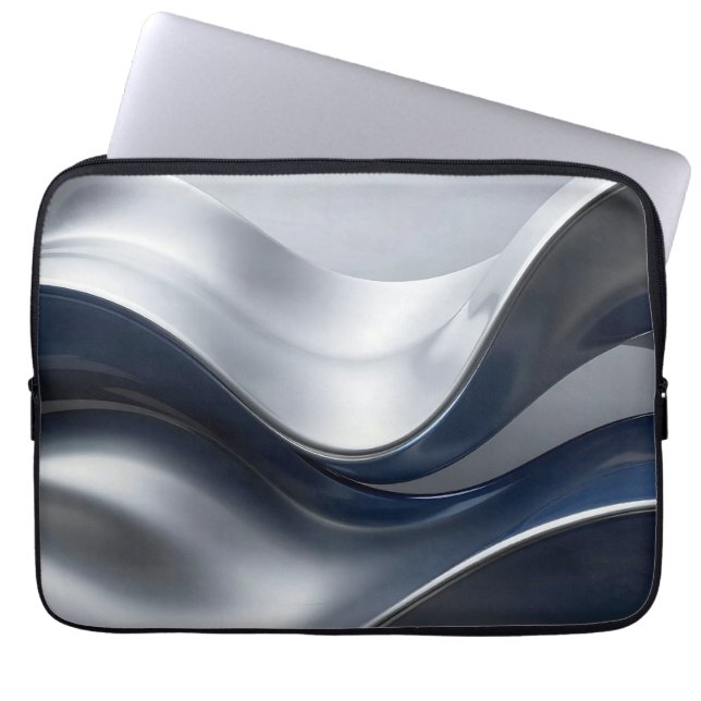 Silver And Navy Fluid Waves Abstract Modern Design Laptop Sleeve (Front)