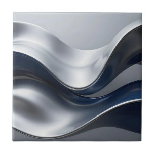 Silver And Navy Fluid Waves Abstract Modern Design Tile