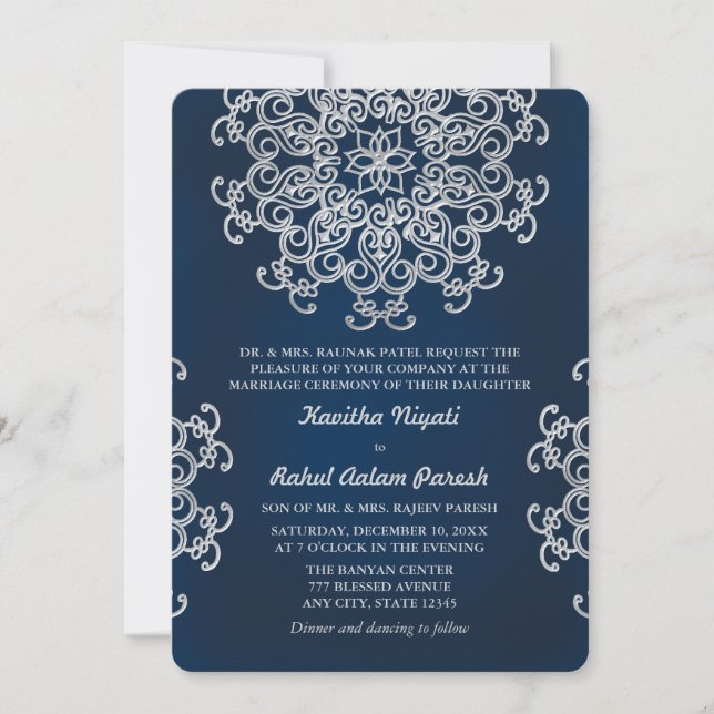 SILVER AND NAVY INDIAN STYLE WEDDING INVITATION (Front)
