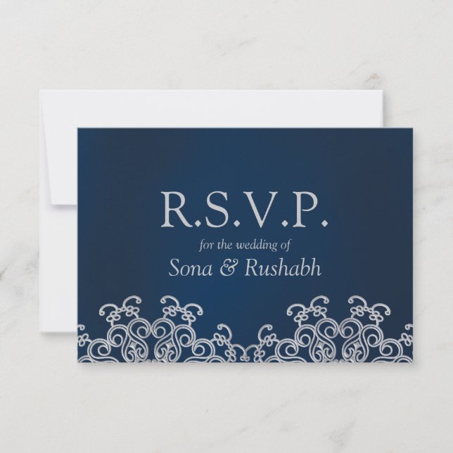 Silver and Navy Indian Style Wedding RSVP Card (Front)