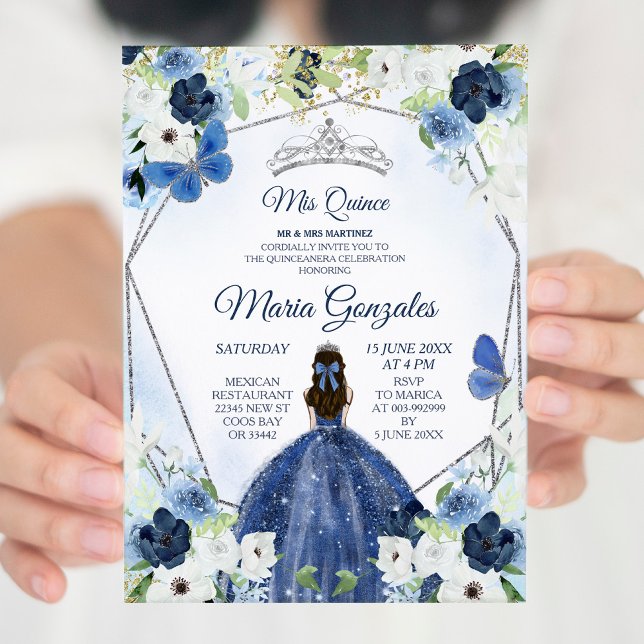 Silver and Navy Mexican Girl Sweet 16th Invitation (Creator Uploaded)