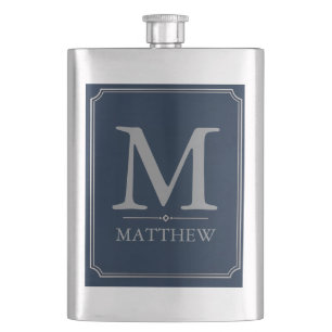 Silver and Navy Monogram Design Hip Flask