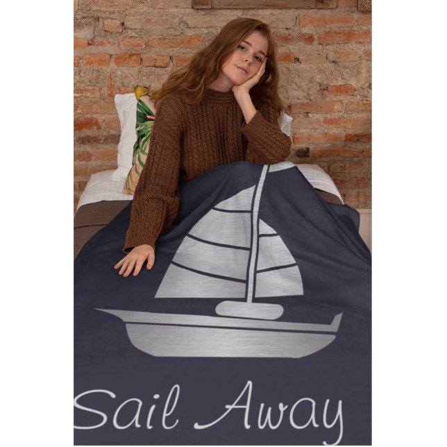 Silver and Navy Sail Away Fleece Sailboat Blanket (Sail away cozy blanket with a sailboat.)