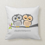 Silver and Orange Owls Custom Throw Pillow<br><div class="desc">This decorative pillow features a beautiful vector illustration of two owls perched on branch and is perfect for any spring,  summer,  fall or winter wedding. Personalise with your names,  monogram,  or initials and your wedding anniversary date.</div>