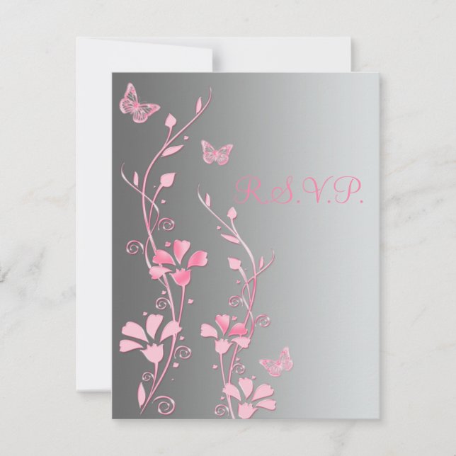 Silver and Pink Butterflies Reply Card (Front)